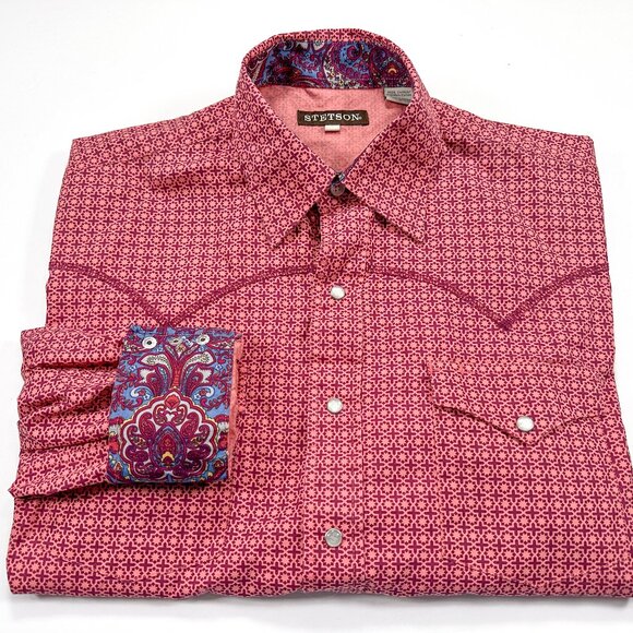 Stetson L Men's Western Pearl Snap Paisley Flip Cuff Geometric Long Sleeve - Picture 1 of 5